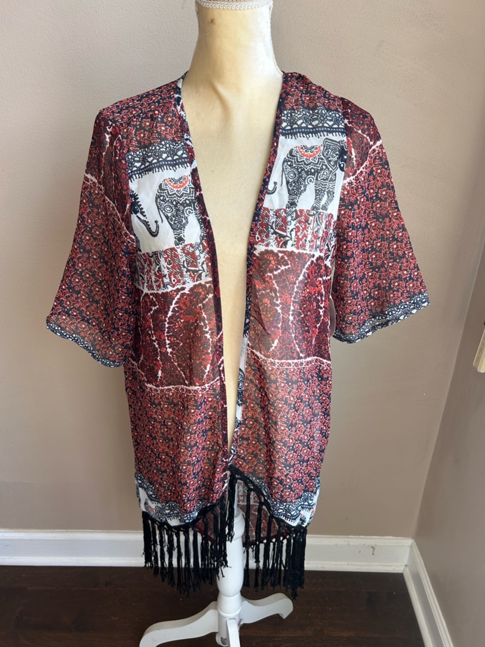 New Womens Cardigan Sz M Fringed Sheer Shirt Sleeve Boho Floral Elephants 4122 - Picture 3 of 4